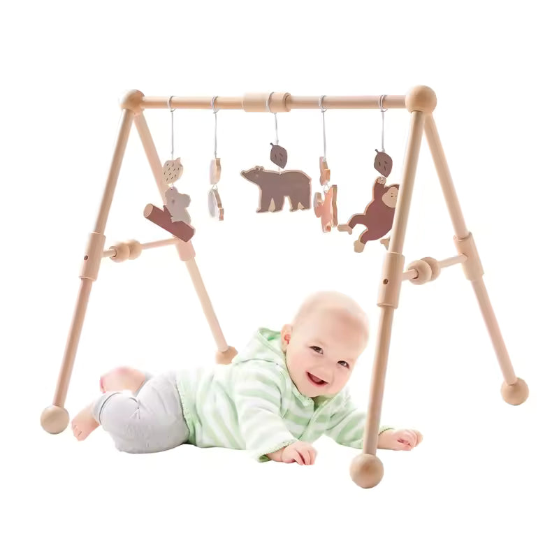 Montessori Baby Play Gym with Animal Pendants – Wooden Fitness Activity Rack for Infants