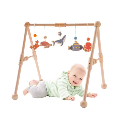 Montessori Baby Play Gym with Animal Pendants – Wooden Fitness Activity Rack for Infants