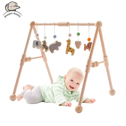 Montessori Baby Play Gym with Animal Pendants – Wooden Fitness Activity Rack for Infants