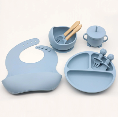 Montessori 8-Piece Baby Feeding Set – Food Grade Silicone Bib, Suction Bowl, Plate and Straw Cup with Wooden Utensils
