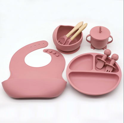 Montessori 8-Piece Baby Feeding Set – Food Grade Silicone Bib, Suction Bowl, Plate and Straw Cup with Wooden Utensils