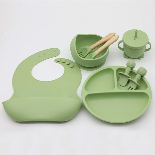 Montessori 8-Piece Baby Feeding Set – Food Grade Silicone Bib, Suction Bowl, Plate and Straw Cup with Wooden Utensils